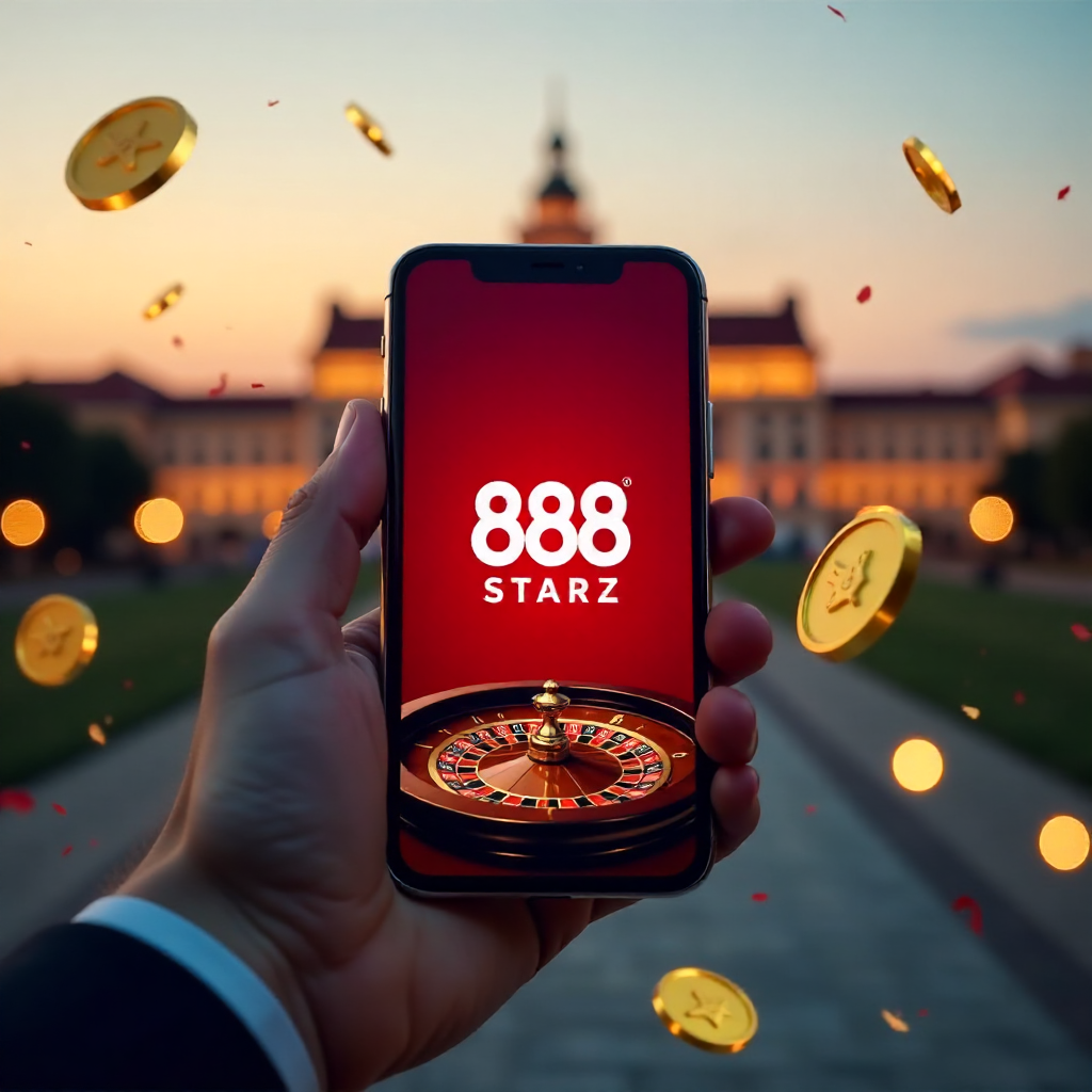 A premium smartphone held in a hand featuring the 888starz app, with the Palace of Culture and Science in Warsaw in the background, official red and white brand colors, 3D flying golden coins and roulette elements, cinematic lighting, 8k.